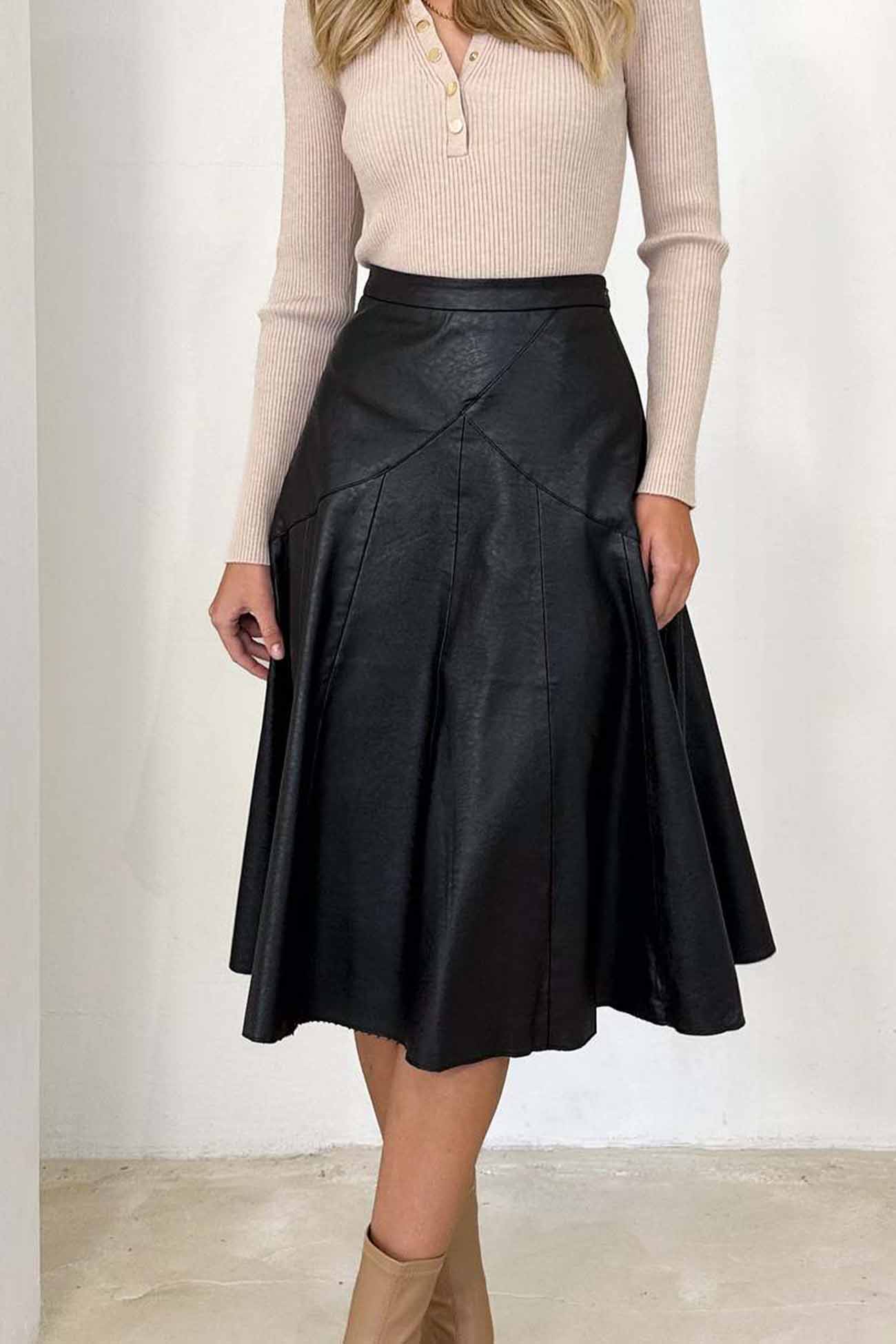 High Waist Pleated Midi Skirt crafted from Leather InsStreet