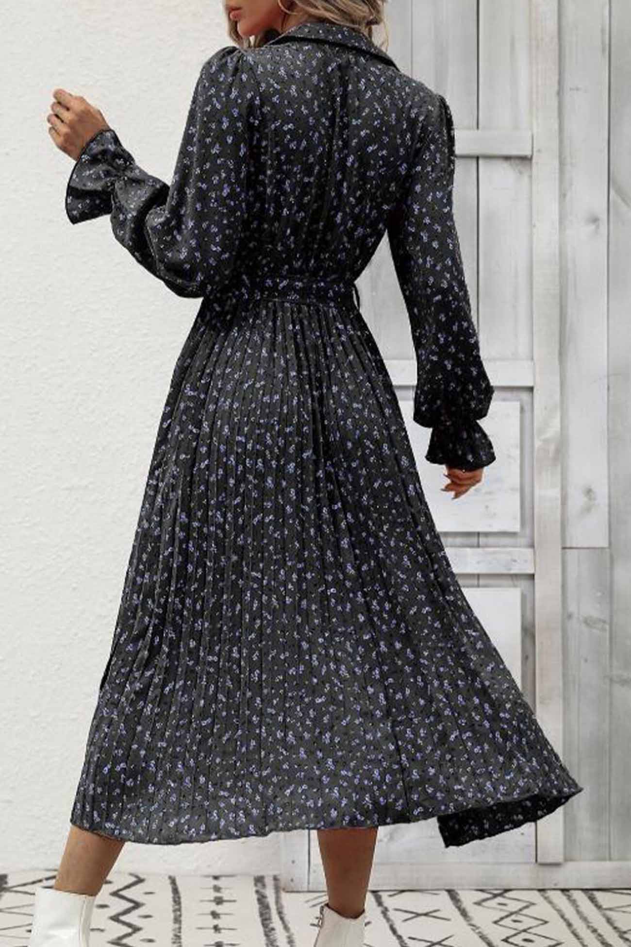 Floral Tie Waist Long Sleeve Pleated Midi Dress InsStreet