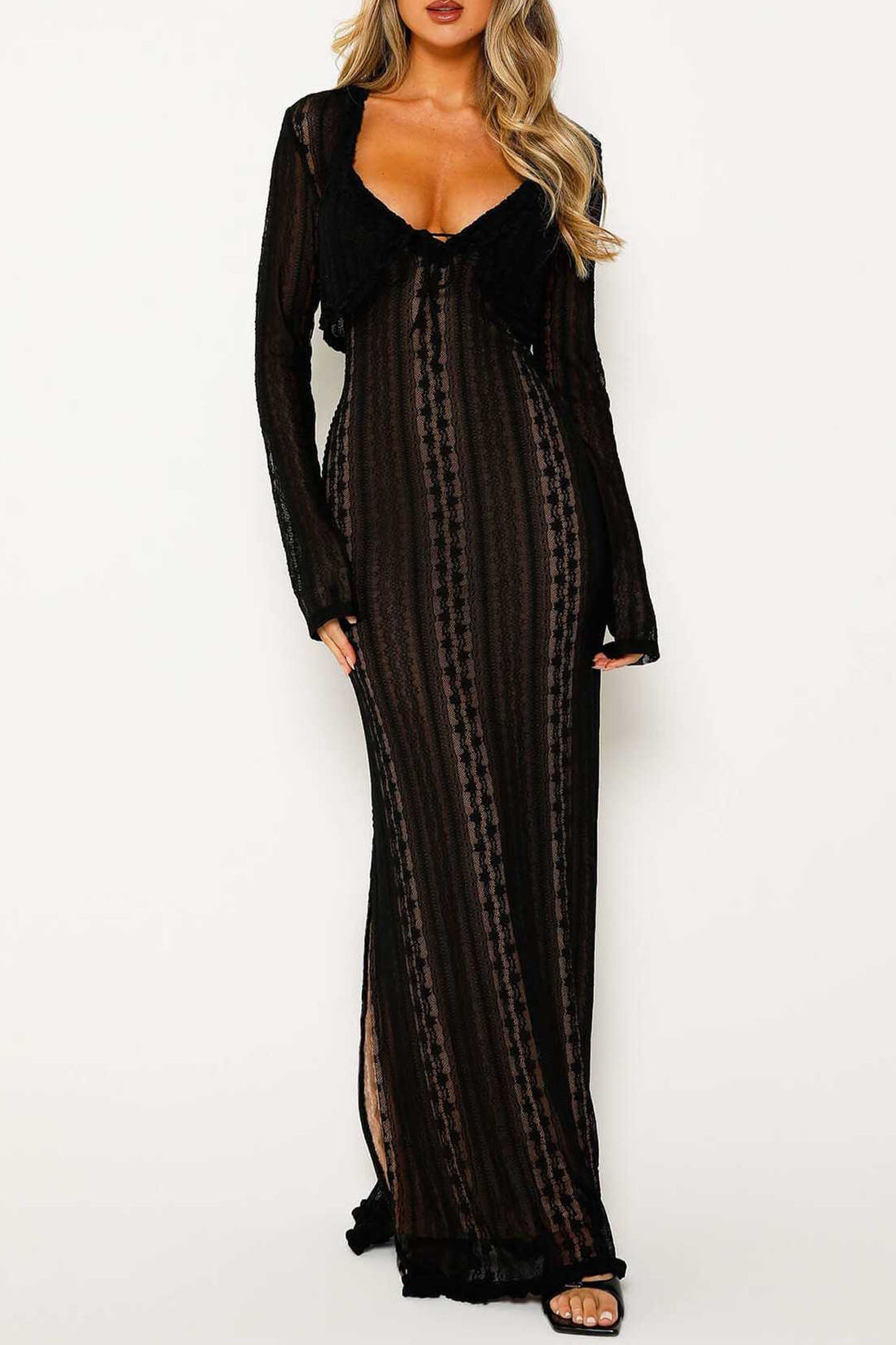 V Neck Lace Two-Piece Dress with Slit InsStreet