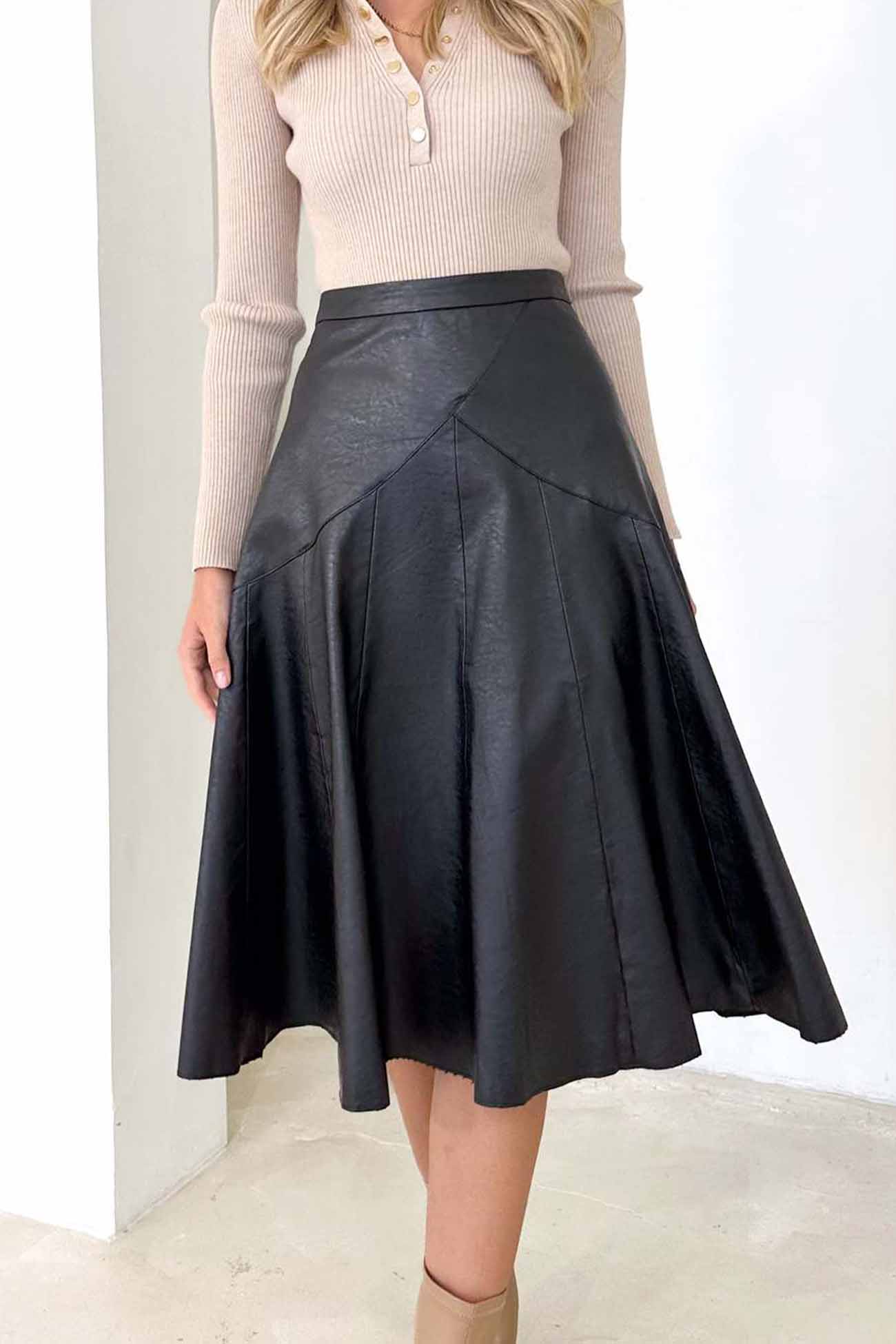 High Waist Pleated Midi Skirt crafted from Leather InsStreet