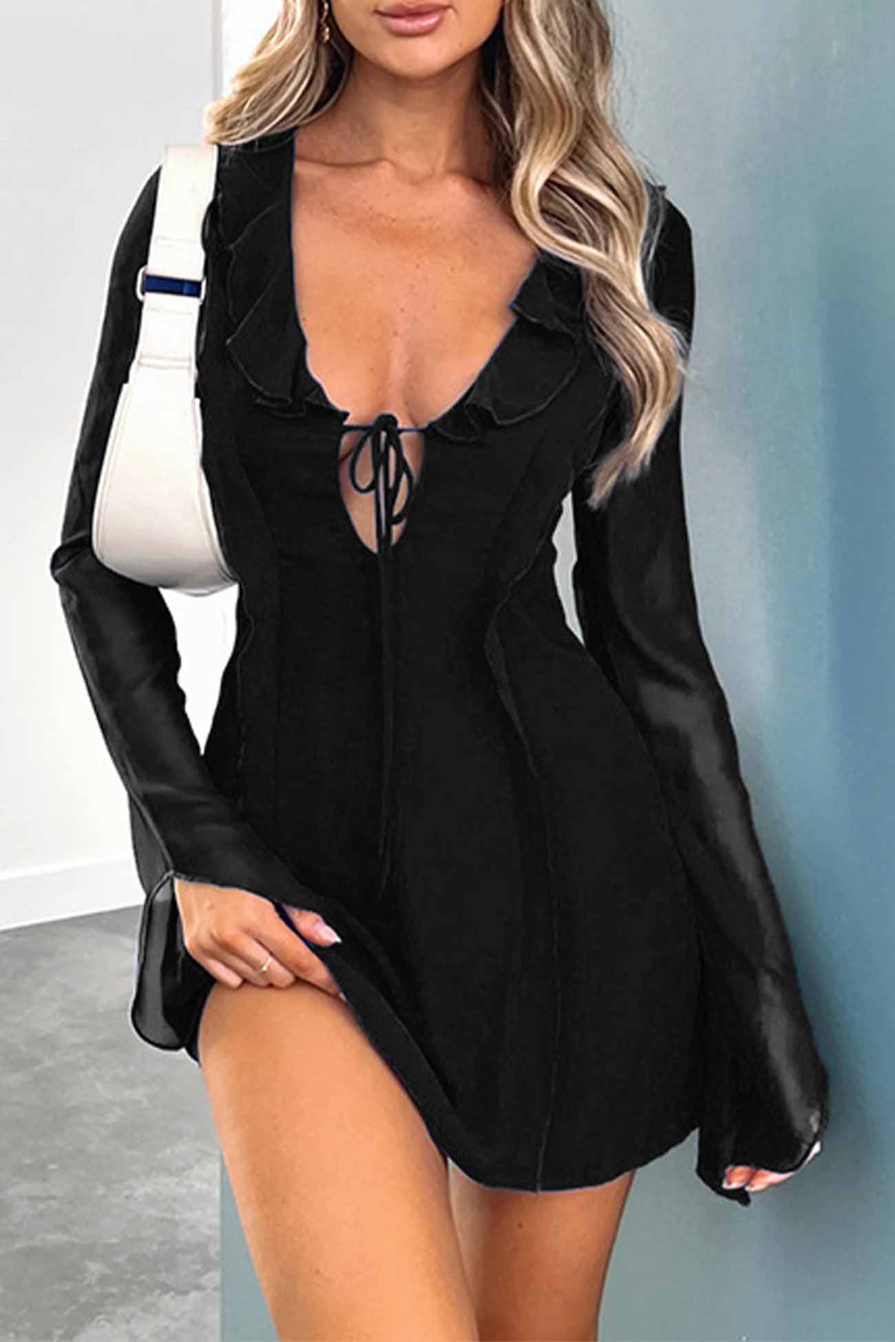 Long Sleeved Ruffled Mini Dress with Lace Up Detail InsStreet