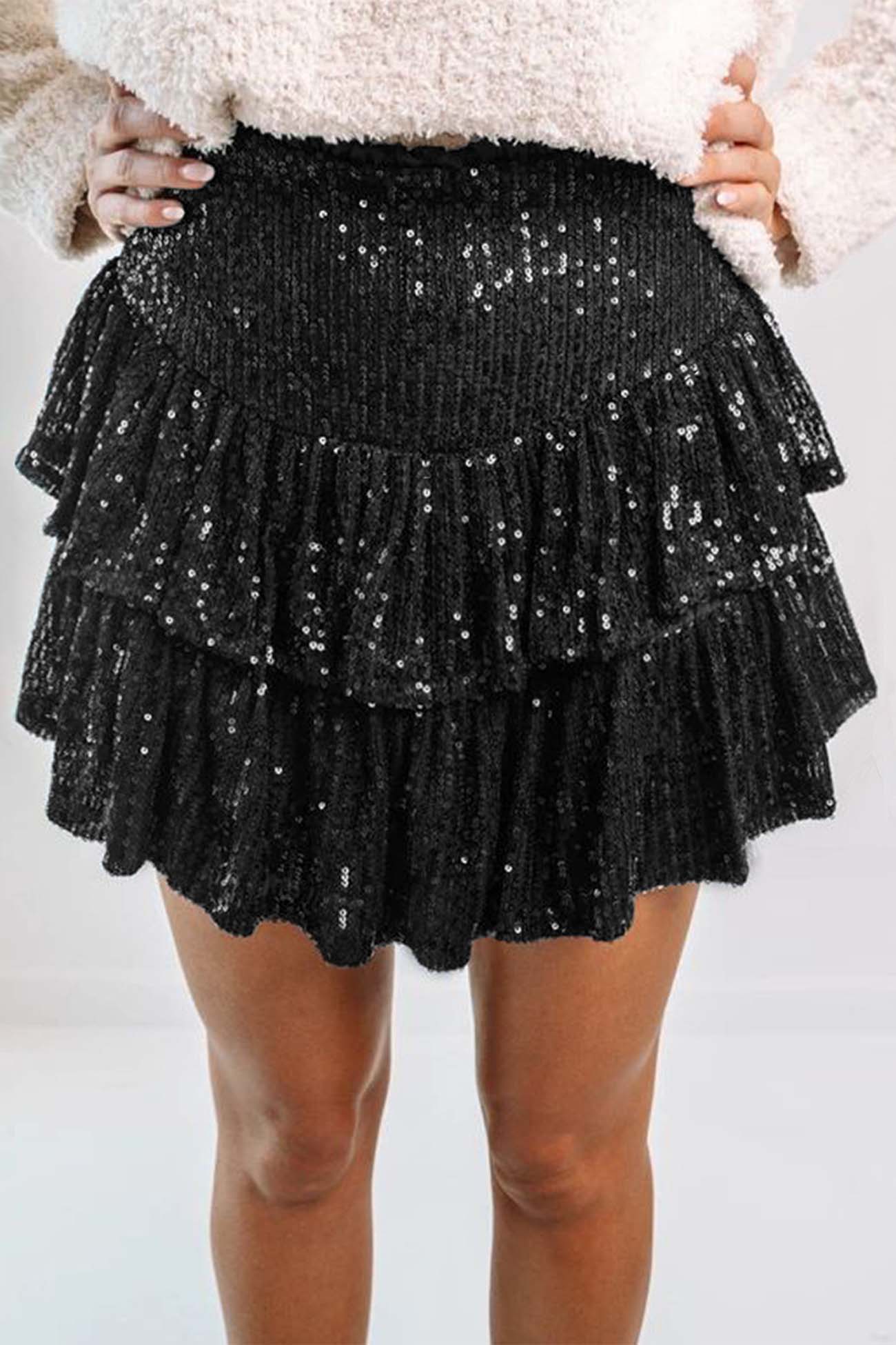 Mini Tiered Sequined Folded Skirt InsStreet