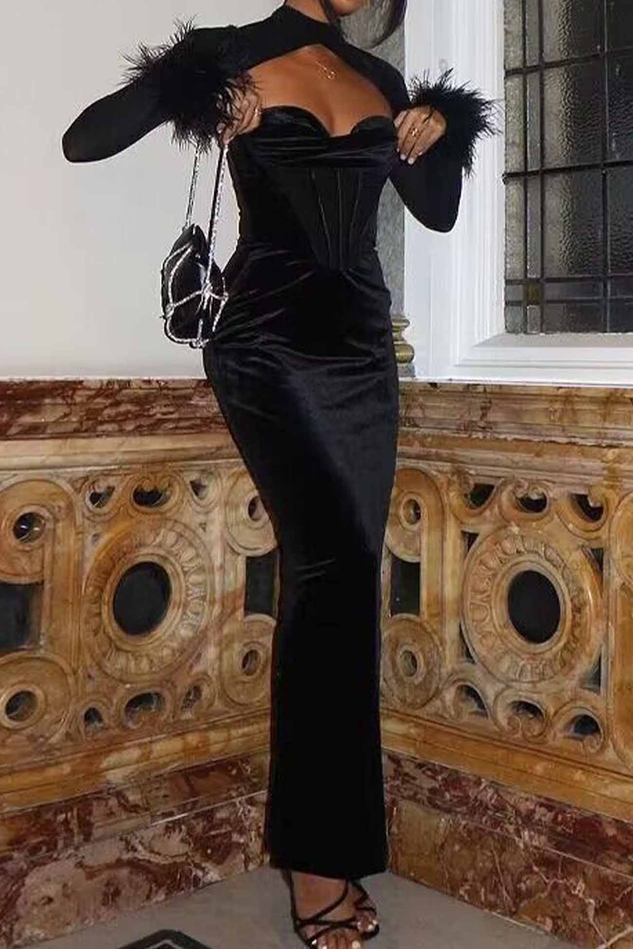 Plush Mesh Patchwork Corset Midi Dress with Hollow Detail InsStreet