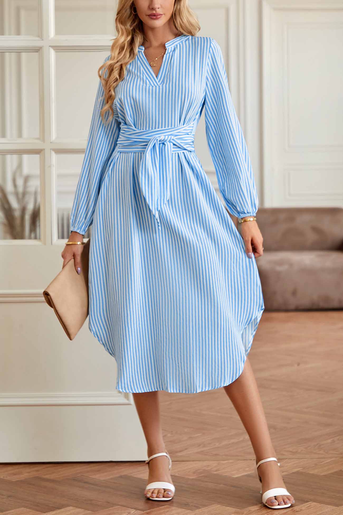 Striped V Neck Tie Waist Long Sleeve Midi Dress InsStreet