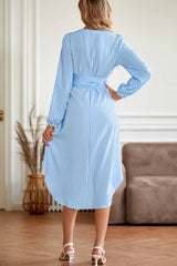 Striped V Neck Tie Waist Long Sleeve Midi Dress InsStreet