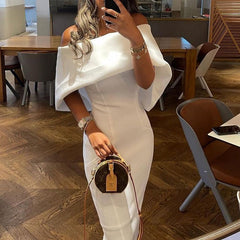 Solid Elegant Off Shoulder Midi Bodycon Formal White Dress InsStreet