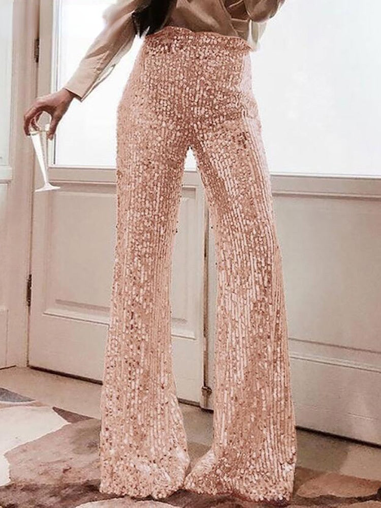 Solid Color High Waist Sequins Decor Bell Bottomed Pants InsStreet