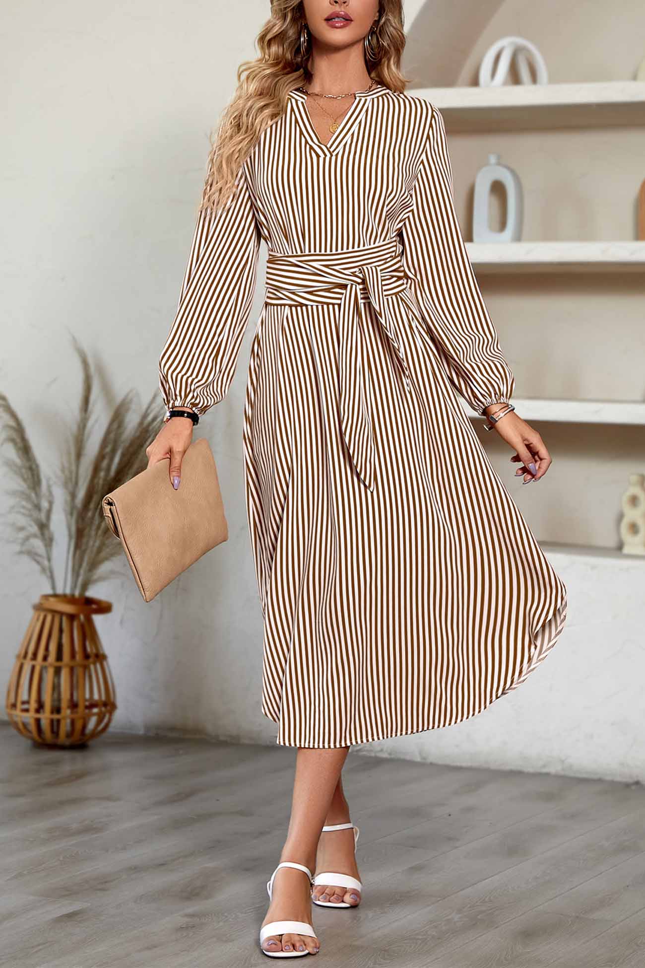 Striped V Neck Tie Waist Long Sleeve Midi Dress InsStreet