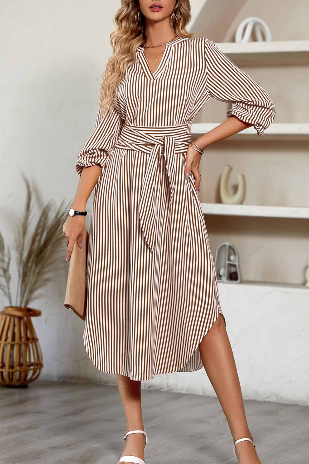 Striped V Neck Tie Waist Long Sleeve Midi Dress InsStreet