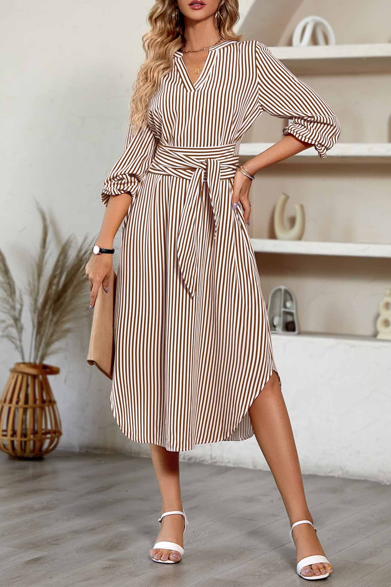 Striped V Neck Tie Waist Long Sleeve Midi Dress InsStreet