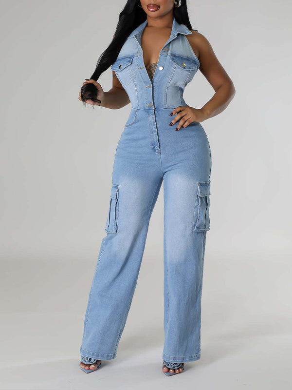 Halter Button-Front Denim Jumpsuit Ins Street