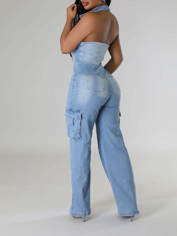 Halter Button-Front Denim Jumpsuit Ins Street