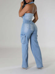 Halter Button-Front Denim Jumpsuit Ins Street