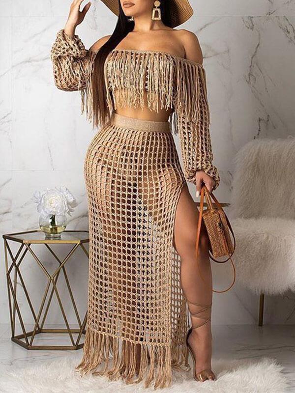 Mesh Tassels Crop Top & Skirt Set Ins Street