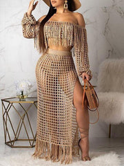 Mesh Tassels Crop Top & Skirt Set Ins Street