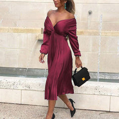 Elegant Off Shoulder V Neck Satin Pleated Midi Dress InsStreet