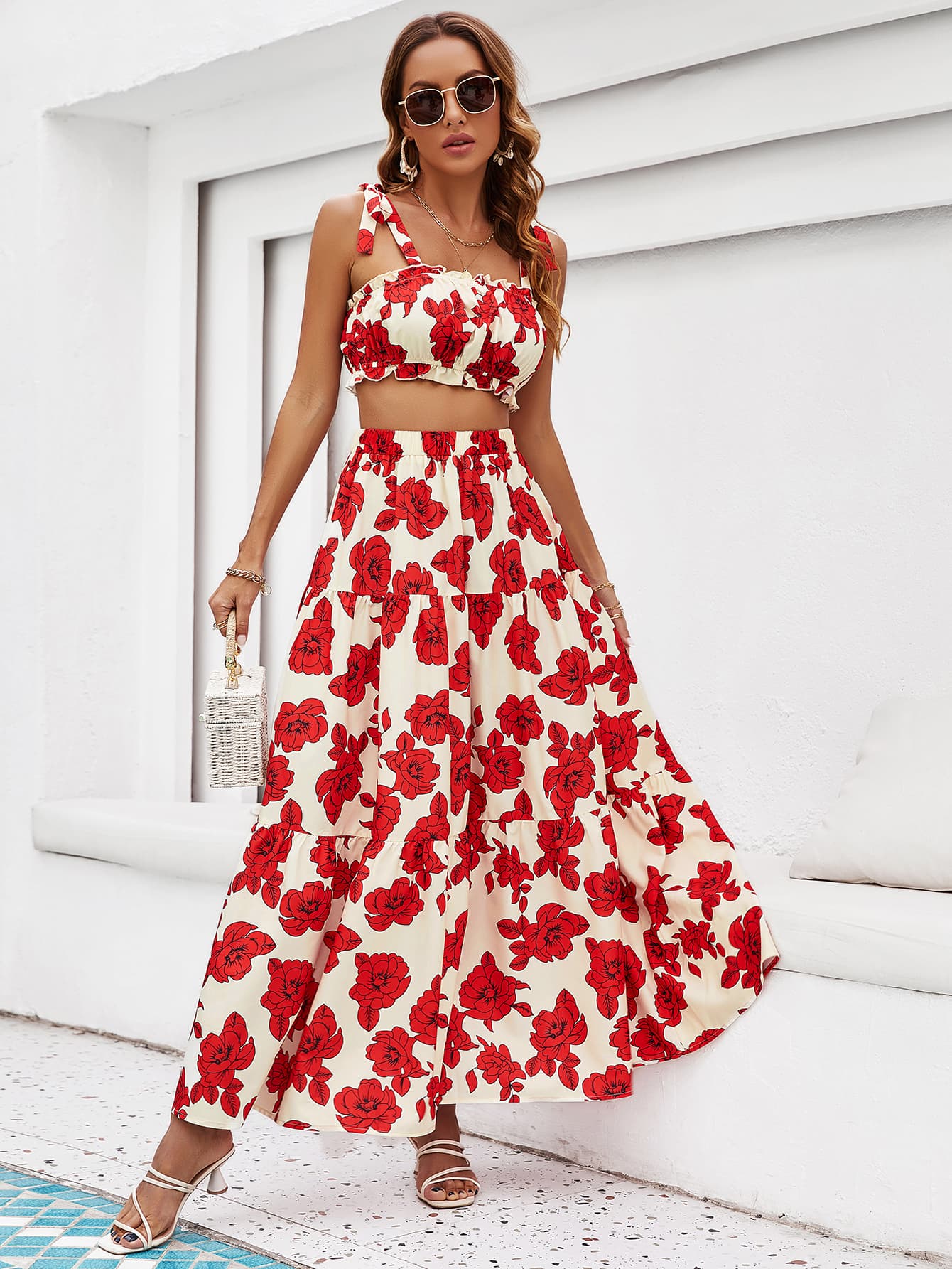 Skirt Tie Tiered Top with Full-Length Flowered Shoulder Set InsStreet