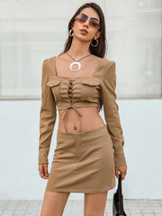 Lace-Up with and Set Cropped Top Skirt Detail InsStreet