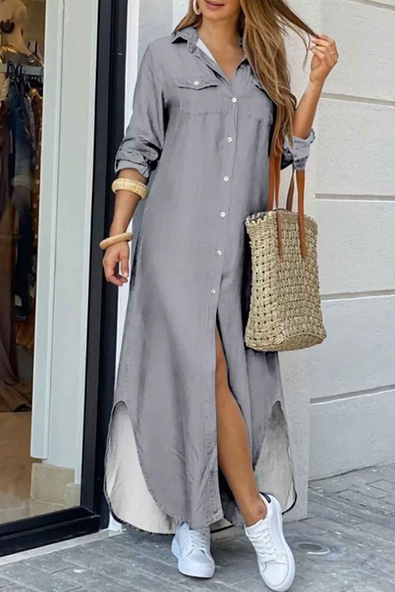 Button Up Pocket Shirt Dress - Long Sleeve InsStreet