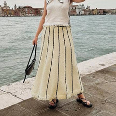 Striped Casual Vintage Elastic Waist Tassel Skirt InsStreet