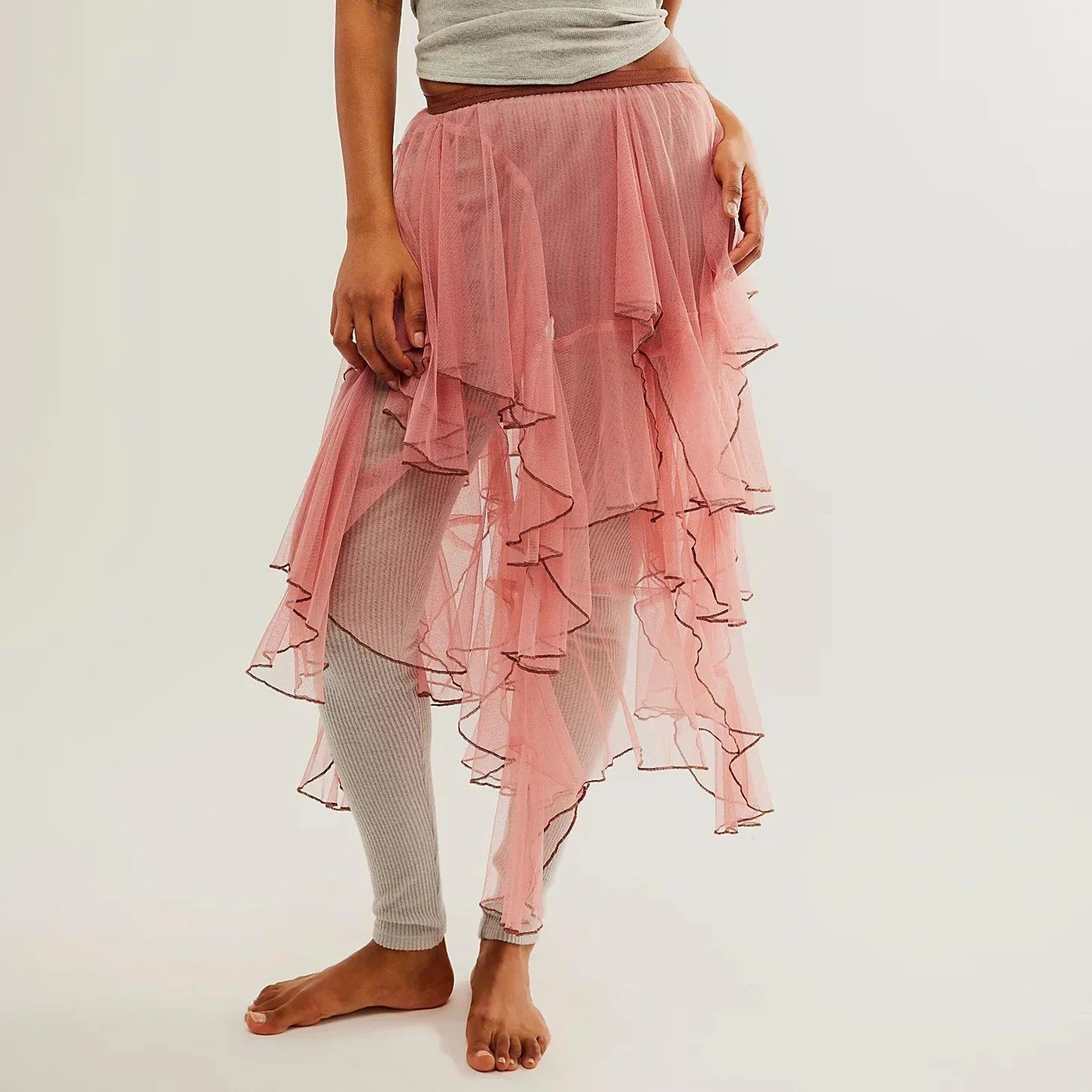 Layered Ruffled Mesh Sheer High Waist Lace Midi Skirt InsStreet