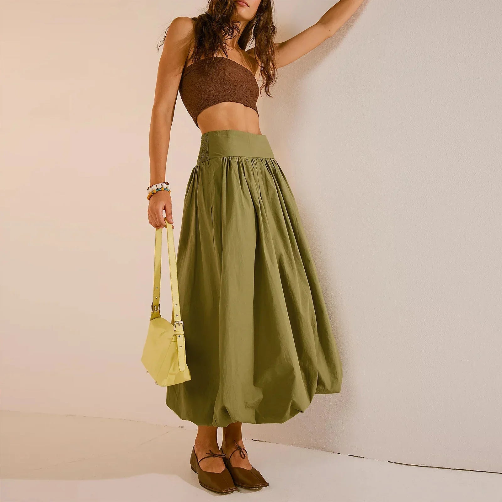 Y2K Bubble Maxi Color Ruffle Pleated Midi Skirt InsStreet