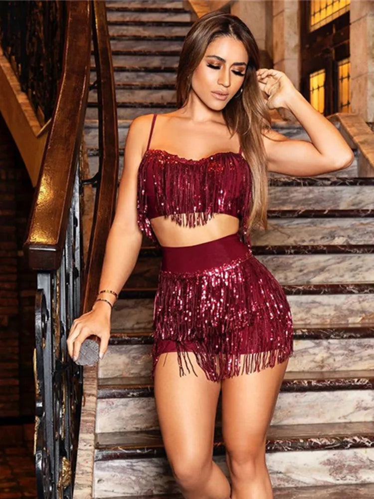 Glitter Sequin 2 Piece Outfits Sleeveless Camisole Top Tassel Bodycon Sets Short InsStreet