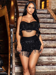 Glitter Sequin 2 Piece Outfits Sleeveless Camisole Top Tassel Bodycon Sets Short InsStreet