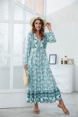 Drawstring Gown Button Flowered Front Lantern Full-Length V-Neck Arm Design for Women InsStreet