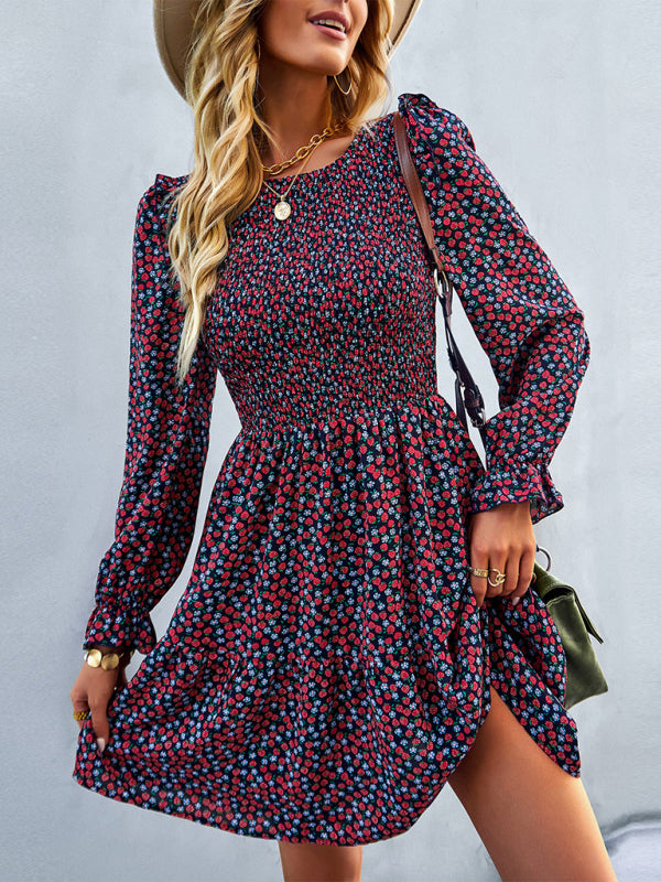 Gown Neck, and for Spring A-Line Flowered Skirt Round Long-Sleeved - Summer InsStreet