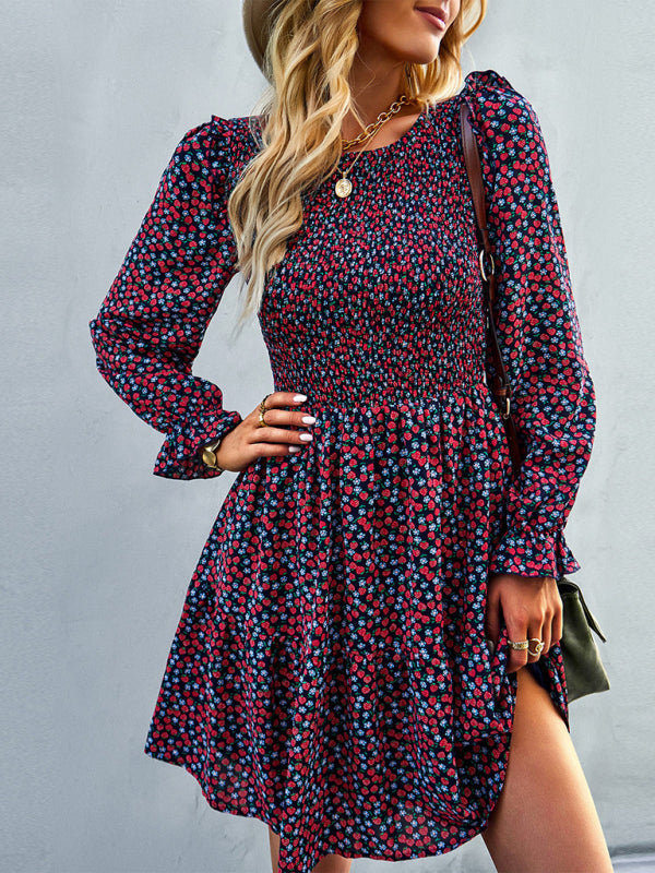 Gown Neck, and for Spring A-Line Flowered Skirt Round Long-Sleeved - Summer InsStreet