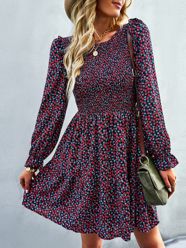 Gown Neck, and for Spring A-Line Flowered Skirt Round Long-Sleeved - Summer InsStreet