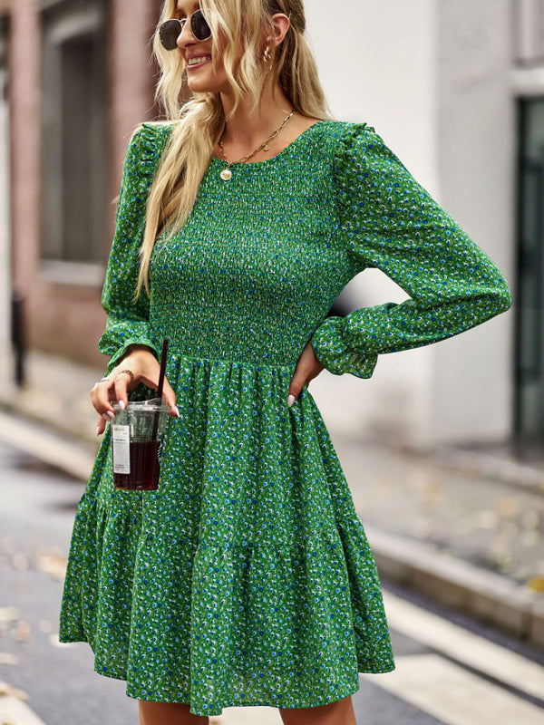 Gown Neck, and for Spring A-Line Flowered Skirt Round Long-Sleeved - Summer InsStreet