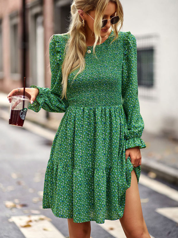 Gown Neck, and for Spring A-Line Flowered Skirt Round Long-Sleeved - Summer InsStreet