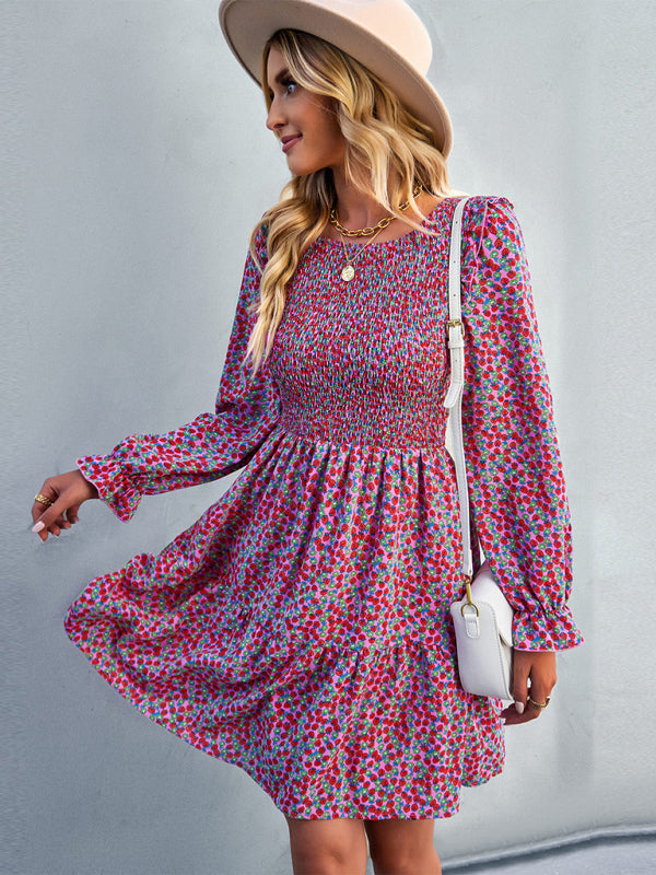 Gown Neck, and for Spring A-Line Flowered Skirt Round Long-Sleeved - Summer InsStreet