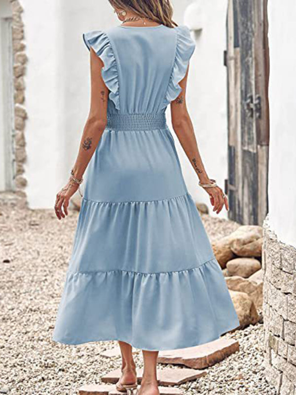 Tiered for Full-Length Flutter Color Chiffon Solid Arm Gown Women InsStreet