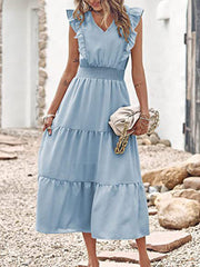 Tiered for Full-Length Flutter Color Chiffon Solid Arm Gown Women InsStreet