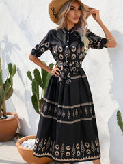 Shirred-waist Patterned Full-Length Crepe Gown for Three-quarter-sleeve Women InsStreet