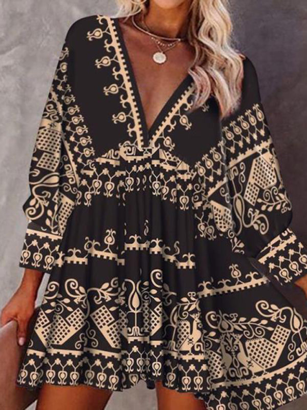 Patterned Gown for Fit V-neck Women And with Flare Three-quarter Sleeves InsStreet