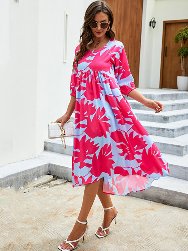 Gown Printing Round Loose Woven for Neck Women InsStreet