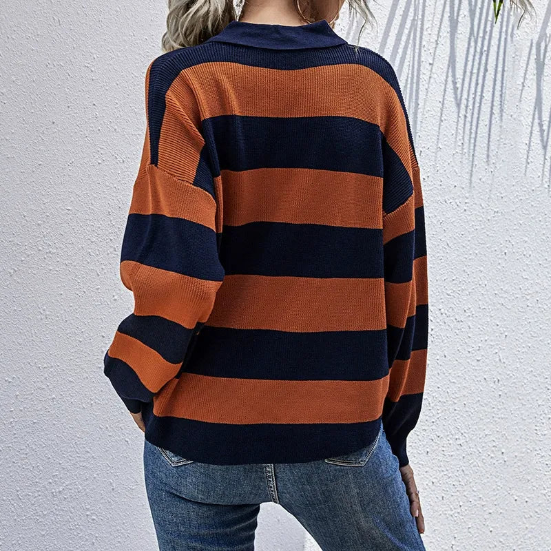 Polo Collar Long Sleeved Striped Knitted Sweater Insstreet