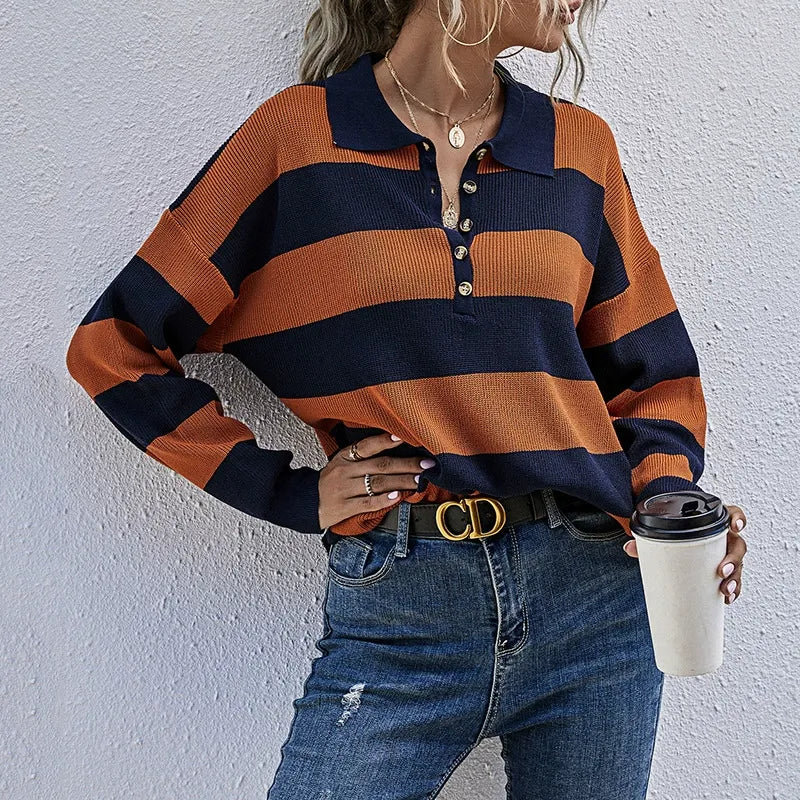 Polo Collar Long Sleeved Striped Knitted Sweater Insstreet