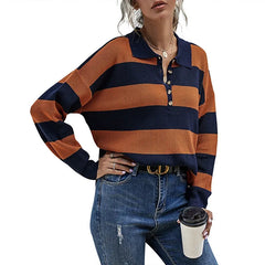 Polo Collar Long Sleeved Striped Knitted Sweater Insstreet
