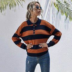 Polo Collar Long Sleeved Striped Knitted Sweater Insstreet