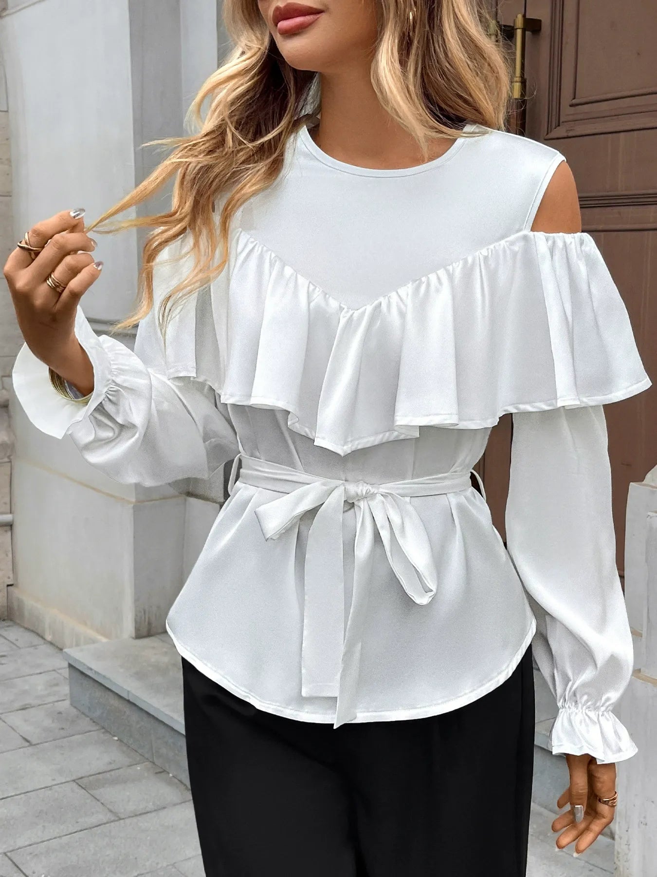 Patchwork Ruffle Waist-Cinching Shirt InsStreet