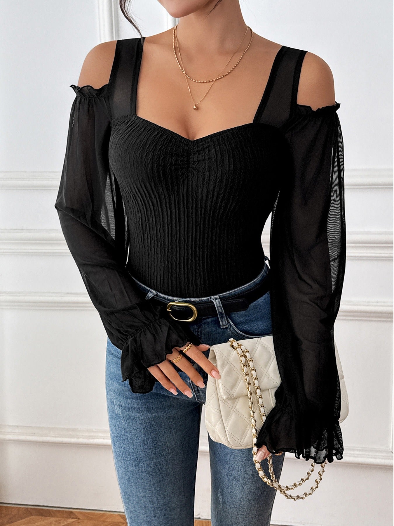 Cold Shoulder Flounce Sleeve Bodysuit InsStreet