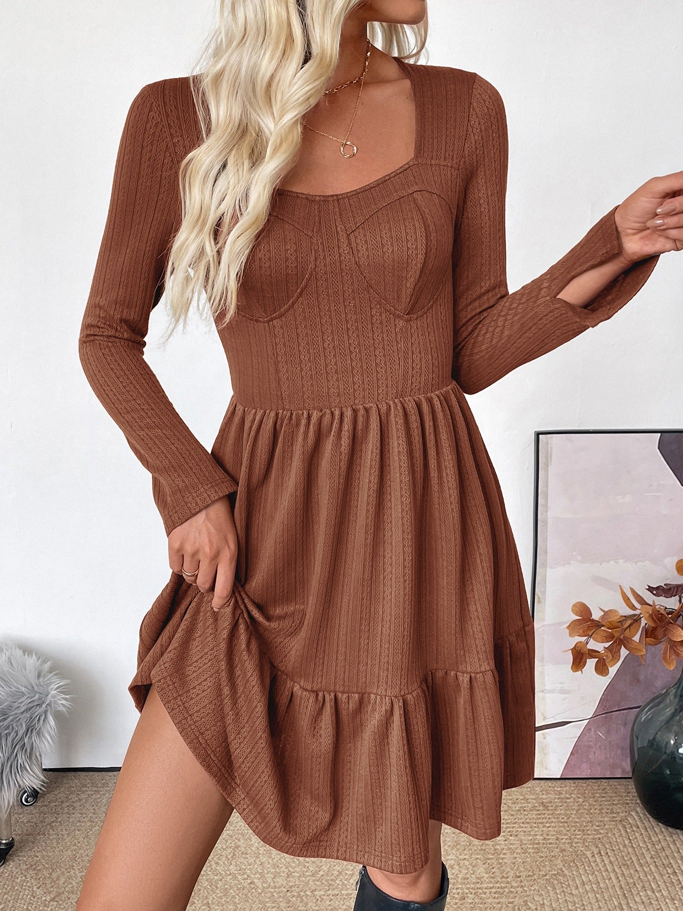 Brown Textured Mini Dress InsStreet