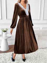 Lace V-neck Long-Sleeved Velvet Dress INSSTREET