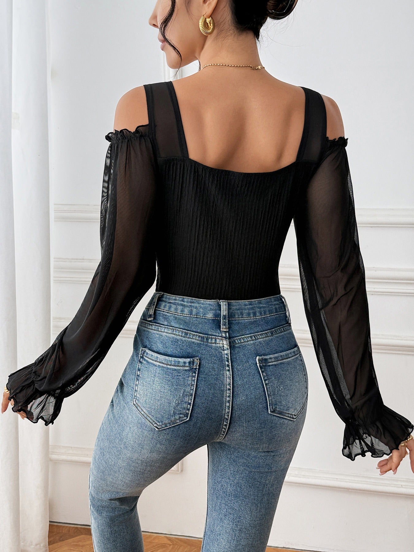 Cold Shoulder Flounce Sleeve Bodysuit InsStreet
