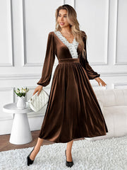 Lace V-neck Long-Sleeved Velvet Dress INSSTREET